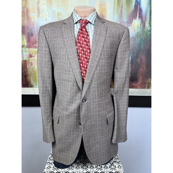 J Hilburn Mens Brown Glen Check Soft Wool Blazer 46L MSRP $1299